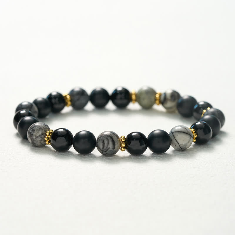 Buddha Stones Bracciale Activate con perle di ossidiana nera satinata e diaspro grigio. - image 10