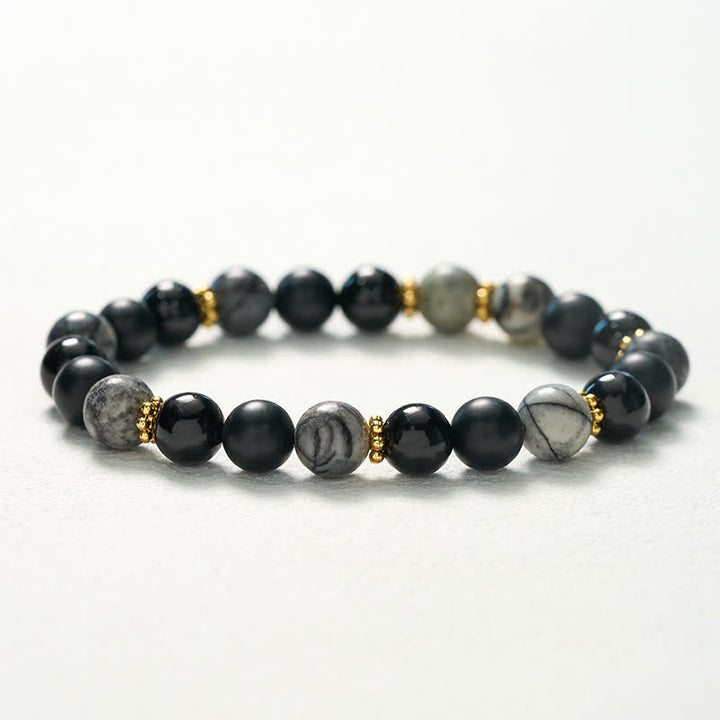 Buddha Stones Bracciale Activate con perle di ossidiana nera satinata e diaspro grigio. - image 10