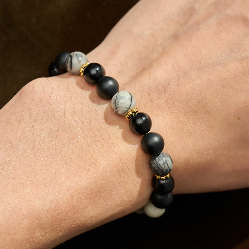Buddha Stones Bracciale Activate con perle di ossidiana nera satinata e diaspro grigio. - image 4