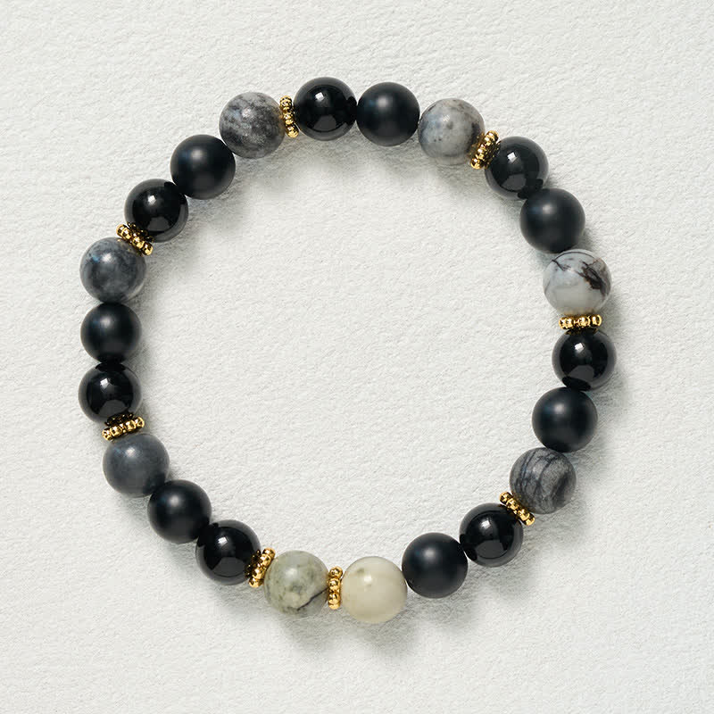 Buddha Stones Bracciale Activate con perle di ossidiana nera satinata e diaspro grigio. - image 9