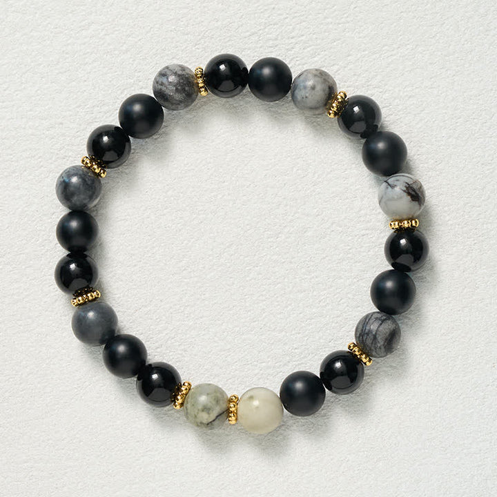 Buddha Stones Bracciale Activate con perle di ossidiana nera satinata e diaspro grigio. - image 9