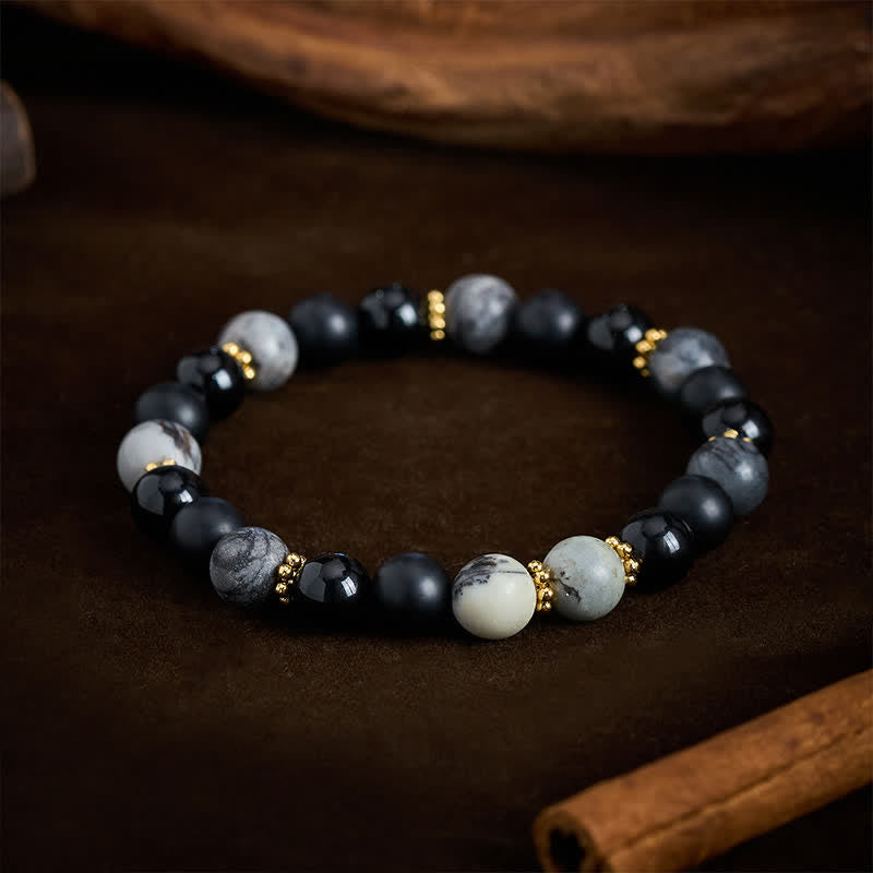 Buddha Stones Bracciale Activate con perle di ossidiana nera satinata e diaspro grigio. - image 3