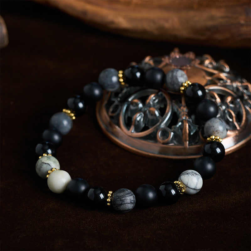 Buddha Stones Bracciale Activate con perle di ossidiana nera satinata e diaspro grigio. - image 1