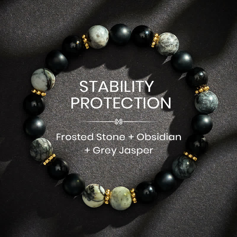 Buddha Stones Bracciale Activate con perle di ossidiana nera satinata e diaspro grigio. - 8 mm - image 0