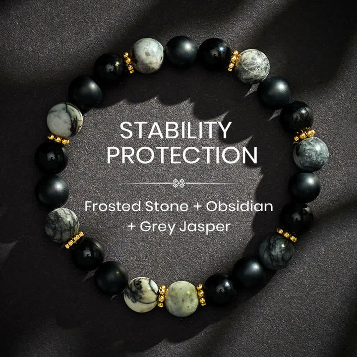 Buddha Stones Bracciale Activate con perle di ossidiana nera satinata e diaspro grigio. - 8 mm - image 0