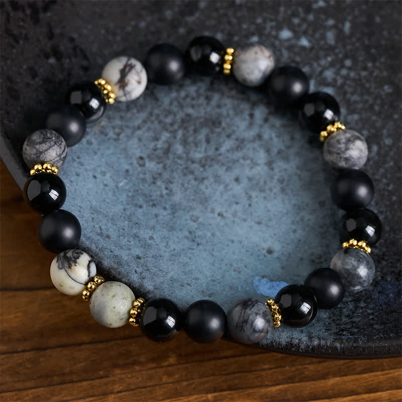 Buddha Stones Bracciale Activate con perle di ossidiana nera satinata e diaspro grigio. - image 2