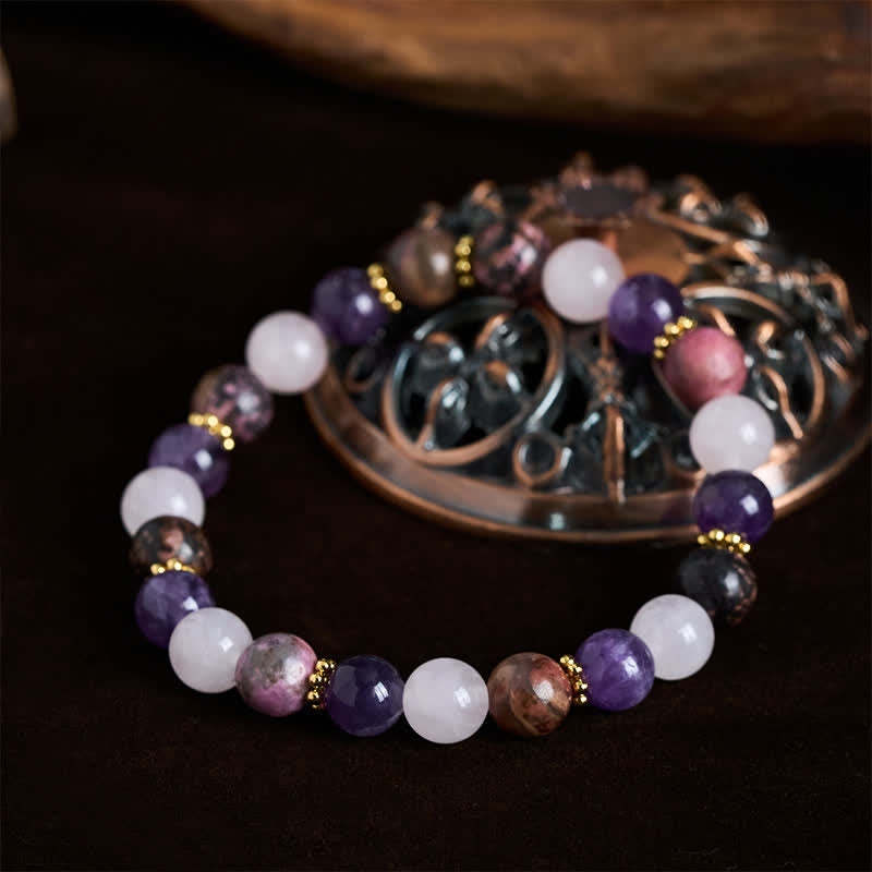 Buddha Stones Braccialetto della pace con perle di quarzo rosa, rodonite e ametista - image 1