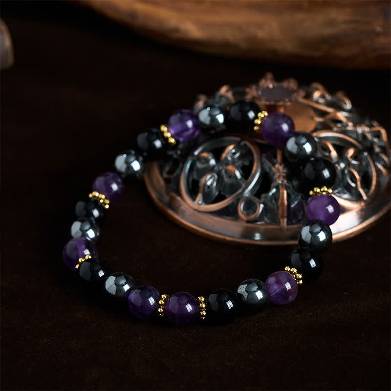 Buddha Stones Bracciale da meditazione con perle di ametista, ossidiana nera ed ematite. - image 1