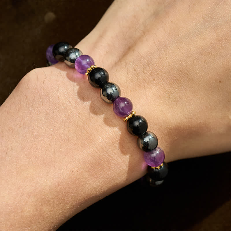 Buddha Stones Bracciale da meditazione con perle di ametista, ossidiana nera ed ematite. - image 4