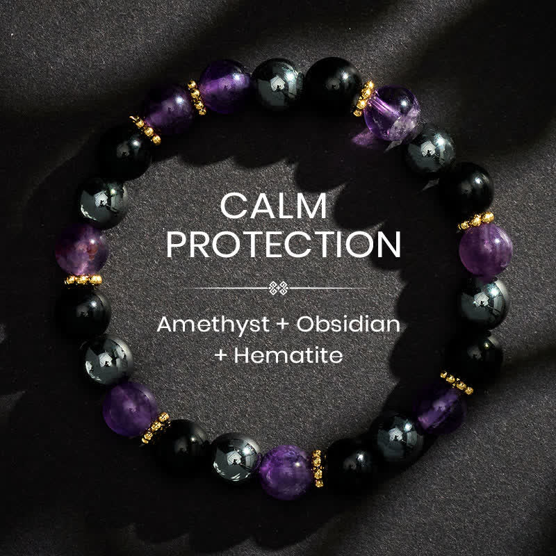 Buddha Stones Bracciale da meditazione con perle di ametista, ossidiana nera ed ematite. - 8 mm - image 0