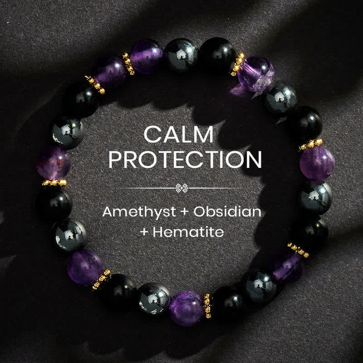 Buddha Stones Bracciale da meditazione con perle di ametista, ossidiana nera ed ematite. - 8 mm - image 0