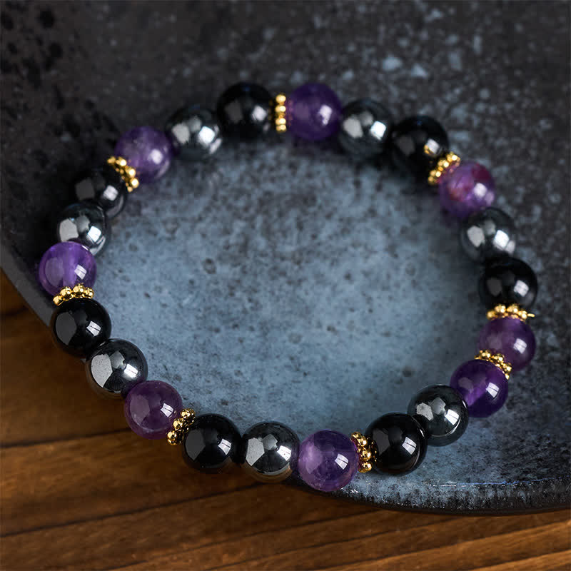 Buddha Stones Bracciale da meditazione con perle di ametista, ossidiana nera ed ematite. - image 3