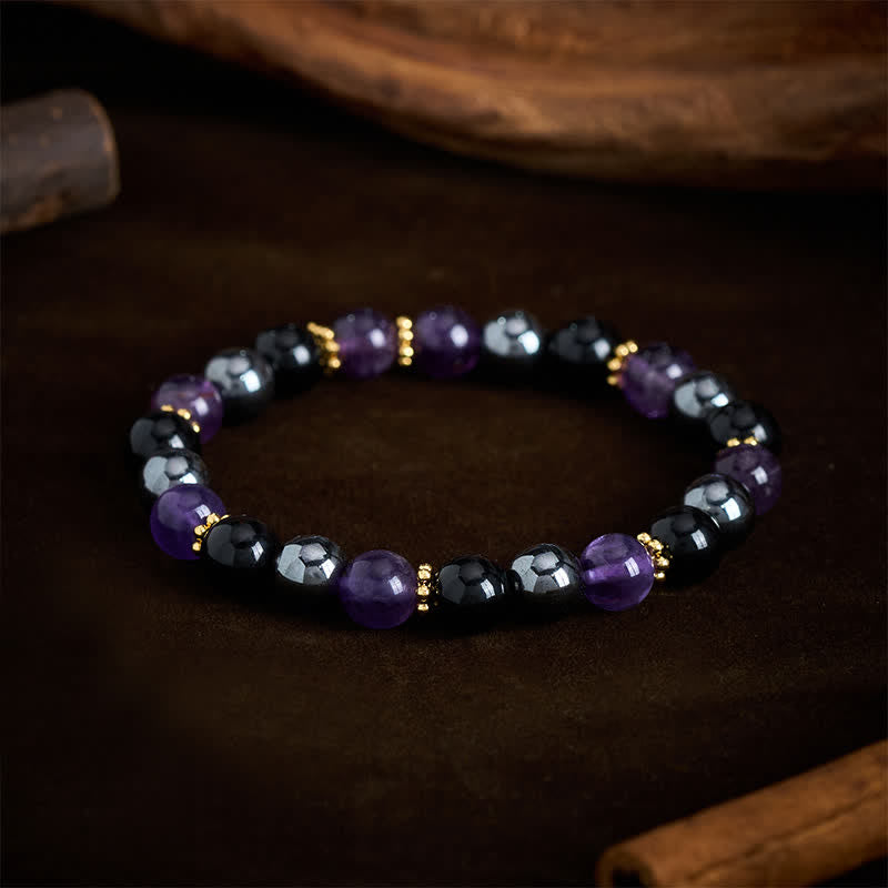 Buddha Stones Bracciale da meditazione con perle di ametista, ossidiana nera ed ematite. - image 2