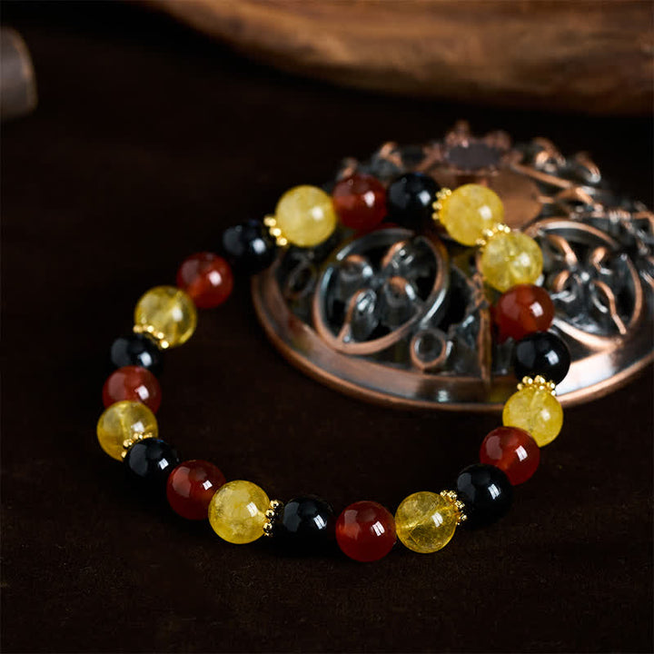 Buddha Stones Braccialetto della generosità con perle di citrino, agata rossa e ossidiana nera - image 1