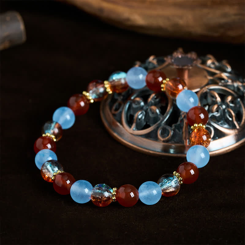 Buddha Stones Bracciale creativo con perline di calcedonio blu, agata rossa e liuli - image 1