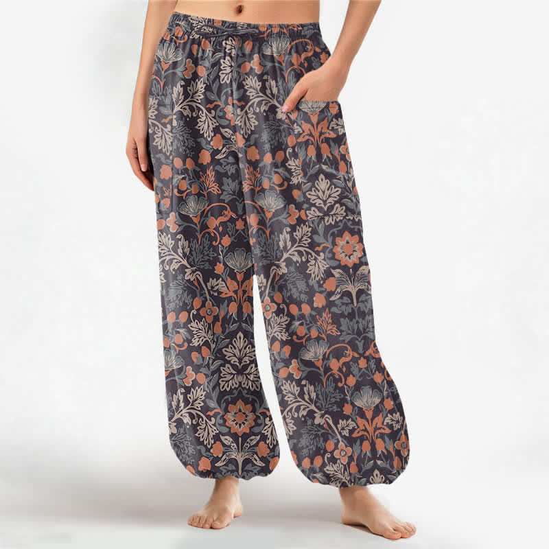 Buddha Stones Pantaloni harem da donna in cotone vintage con fantasia floreale paisley e vita elasticizzata, con tasche laterali. - Marrone sella - US16, UK/AU20, EU48 (3XL) - image 0