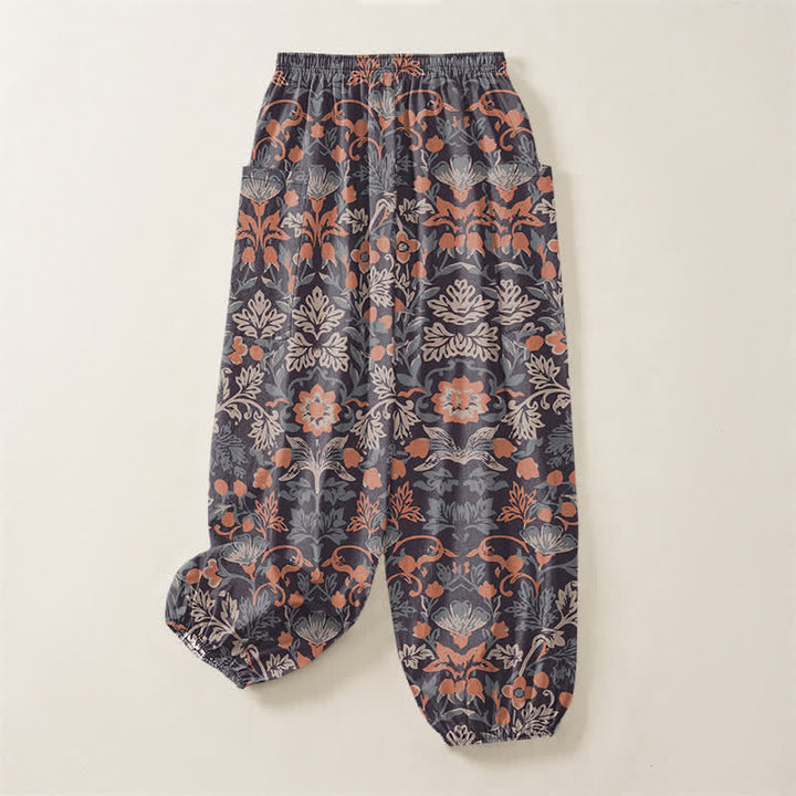 Buddha Stones Pantaloni harem da donna in cotone vintage con fantasia floreale paisley e vita elasticizzata, con tasche laterali. - image 4