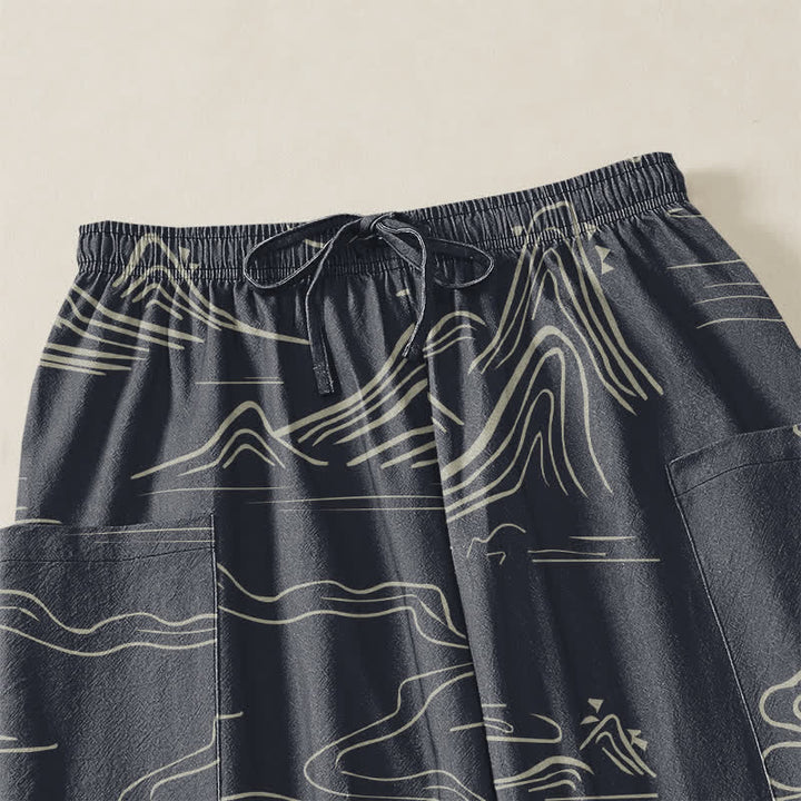 Buddha Stones Pantaloni harem da donna in cotone con motivo montagne e nuvole orientali, vita elasticizzata e tasche laterali. - image 5