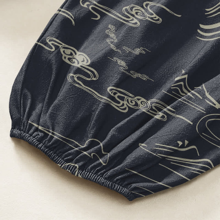 Buddha Stones Pantaloni harem da donna in cotone con motivo montagne e nuvole orientali, vita elasticizzata e tasche laterali. - image 6