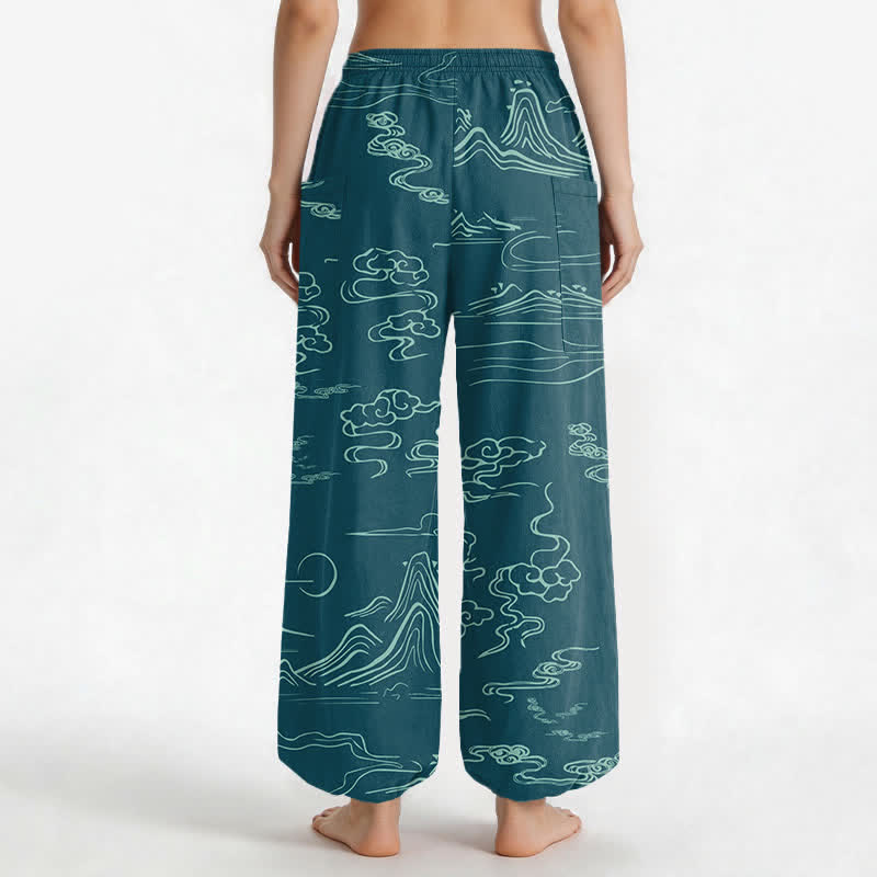 Buddha Stones Pantaloni harem da donna in cotone con motivo montagne e nuvole orientali, vita elasticizzata e tasche laterali. - image 9