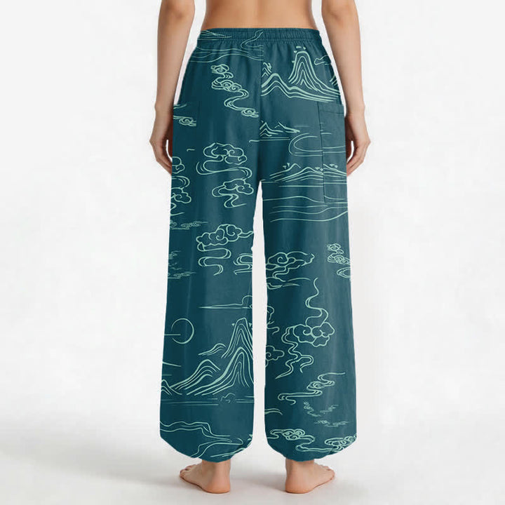 Buddha Stones Pantaloni harem da donna in cotone con motivo montagne e nuvole orientali, vita elasticizzata e tasche laterali. - image 9