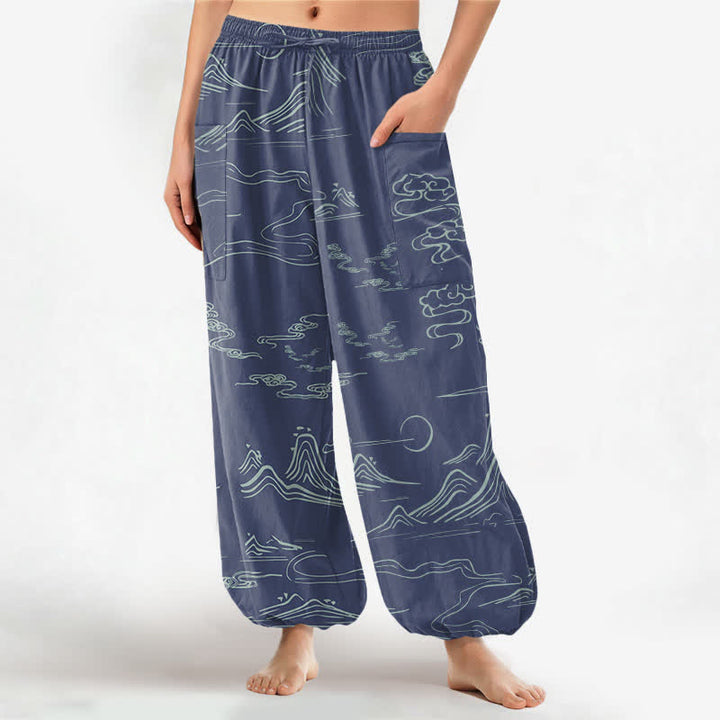 Buddha Stones Pantaloni harem da donna in cotone con motivo montagne e nuvole orientali, vita elasticizzata e tasche laterali. - SteelBlue - US16, UK/AU20, EU48 (3XL) - image 10