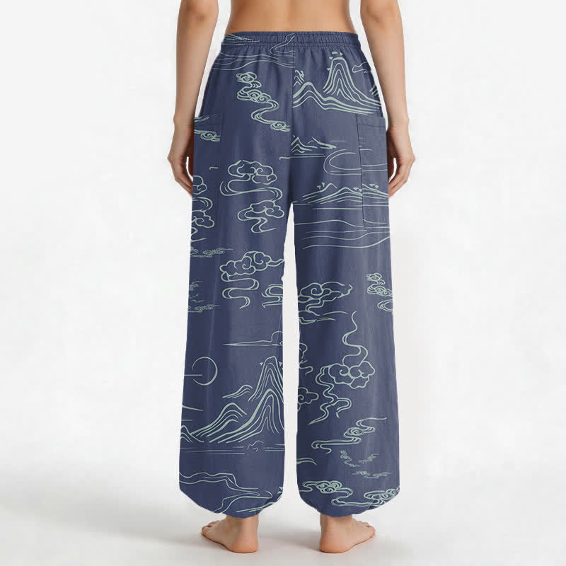 Buddha Stones Pantaloni harem da donna in cotone con motivo montagne e nuvole orientali, vita elasticizzata e tasche laterali. - image 12