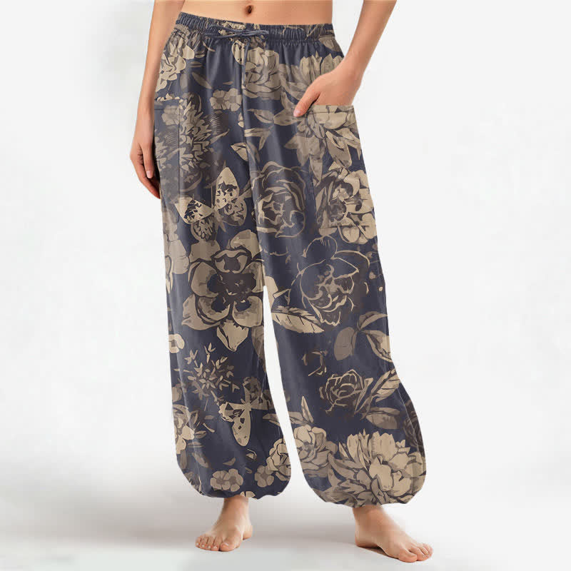 Buddha Stones Pantaloni harem da donna in cotone vintage con motivo floreale di peonie e crisantemi, vita elasticizzata e tasche laterali. - Blu ardesia scuro - US16, UK/AU20, EU48 (3XL) - image 0