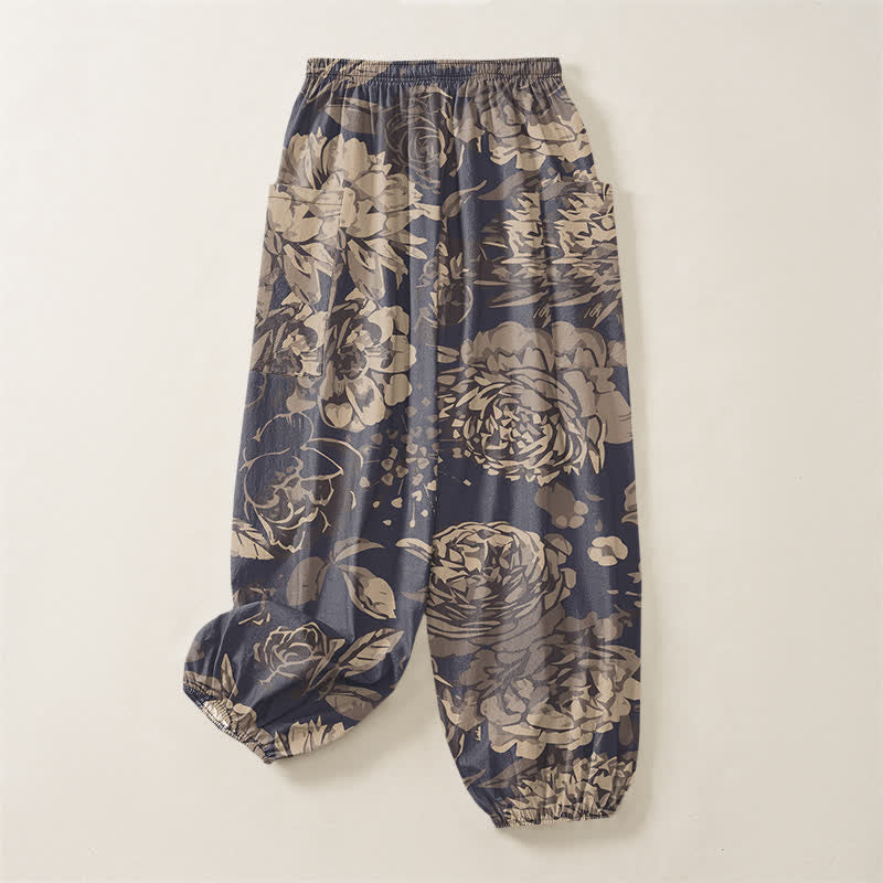 Buddha Stones Pantaloni harem da donna in cotone vintage con motivo floreale di peonie e crisantemi, vita elasticizzata e tasche laterali. - image 4