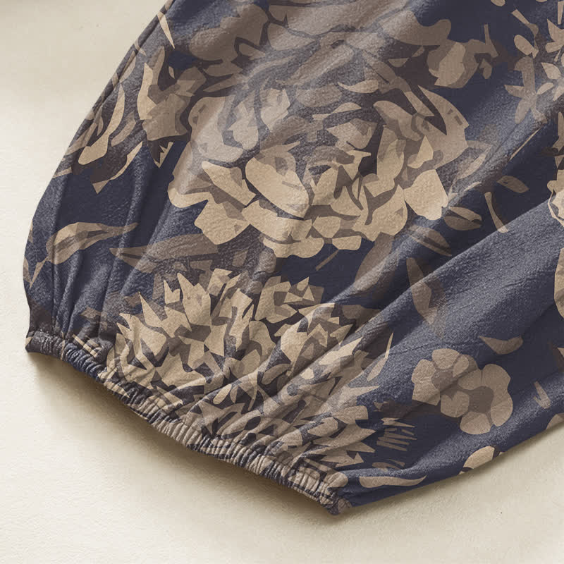 Buddha Stones Pantaloni harem da donna in cotone vintage con motivo floreale di peonie e crisantemi, vita elasticizzata e tasche laterali. - image 6