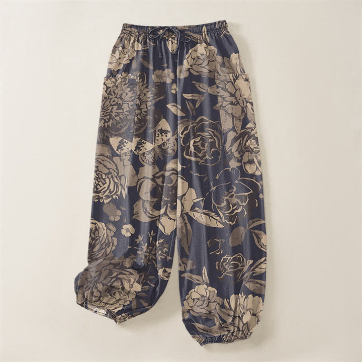 Buddha Stones Pantaloni harem da donna in cotone vintage con motivo floreale di peonie e crisantemi, vita elasticizzata e tasche laterali. - image 3