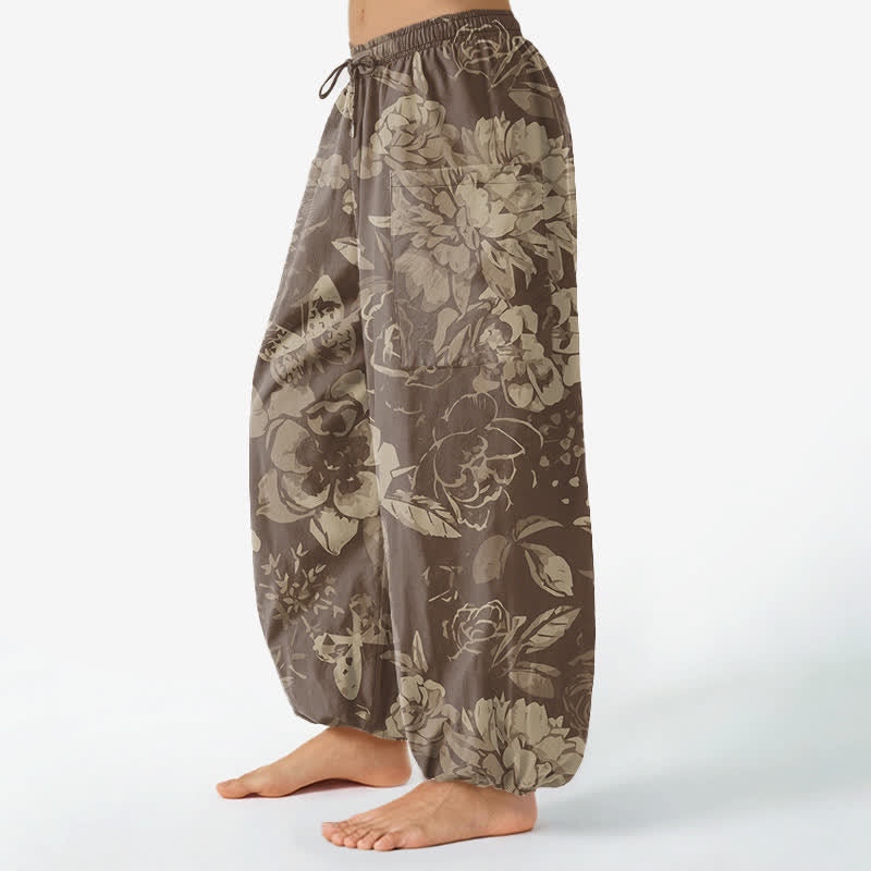 Buddha Stones Pantaloni harem da donna in cotone vintage con motivo floreale di peonie e crisantemi, vita elasticizzata e tasche laterali. - image 8