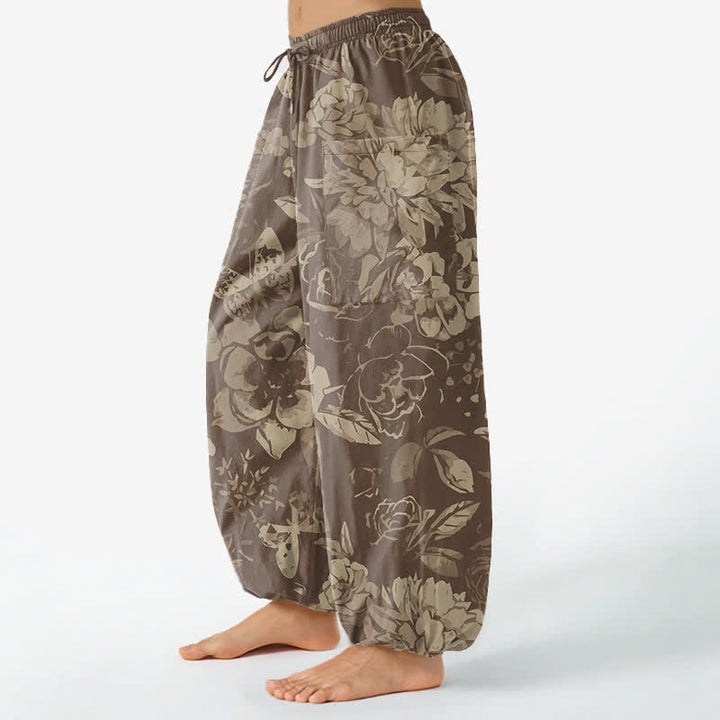 Buddha Stones Pantaloni harem da donna in cotone vintage con motivo floreale di peonie e crisantemi, vita elasticizzata e tasche laterali. - image 8