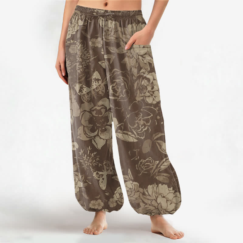 Buddha Stones Pantaloni harem da donna in cotone vintage con motivo floreale di peonie e crisantemi, vita elasticizzata e tasche laterali. - Tan - US16, UK/AU20, EU48 (3XL) - image 7