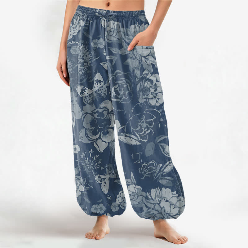 Buddha Stones Pantaloni harem da donna in cotone vintage con motivo floreale di peonie e crisantemi, vita elasticizzata e tasche laterali. - SteelBlue - US16, UK/AU20, EU48 (3XL) - image 10