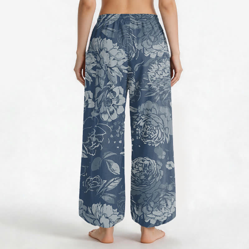 Buddha Stones Pantaloni harem da donna in cotone vintage con motivo floreale di peonie e crisantemi, vita elasticizzata e tasche laterali. - image 12