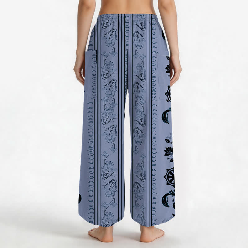 Buddha Stones Pantaloni harem da donna in cotone stile bohémien con motivo a righe Dharma Wheel Lotus OM e vita elasticizzata, con tasche laterali. - image 2