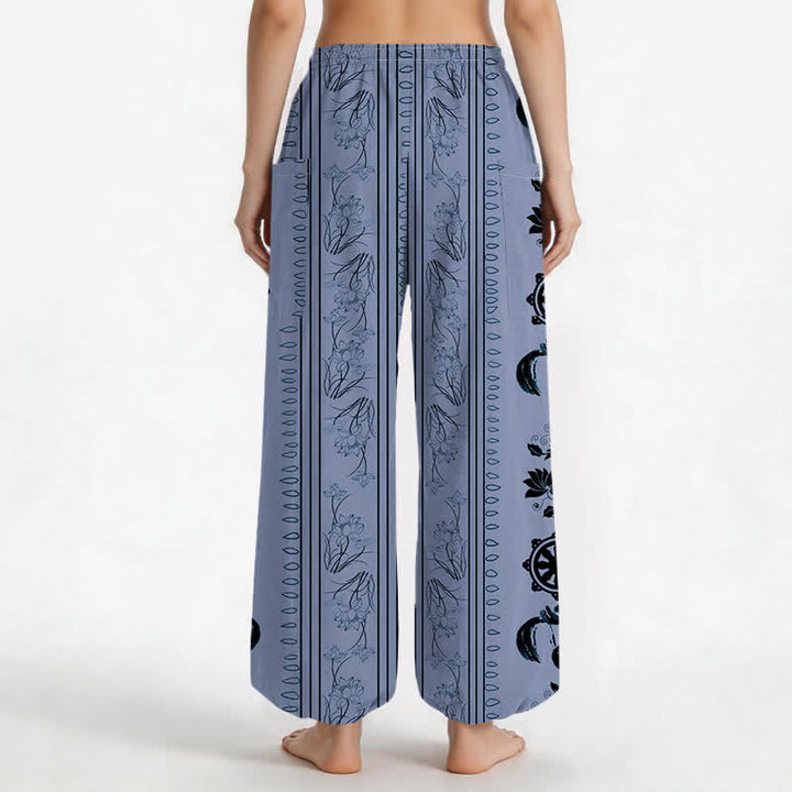 Buddha Stones Pantaloni harem da donna in cotone stile bohémien con motivo a righe Dharma Wheel Lotus OM e vita elasticizzata, con tasche laterali. - image 2
