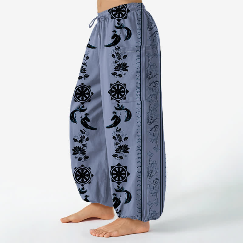 Buddha Stones Pantaloni harem da donna in cotone stile bohémien con motivo a righe Dharma Wheel Lotus OM e vita elasticizzata, con tasche laterali. - image 1