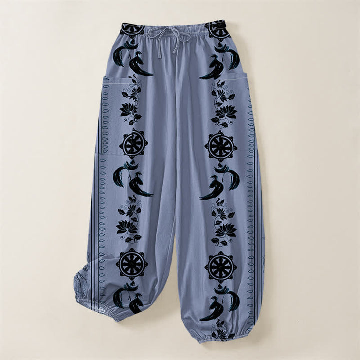Buddha Stones Pantaloni harem da donna in cotone stile bohémien con motivo a righe Dharma Wheel Lotus OM e vita elasticizzata, con tasche laterali. - image 3