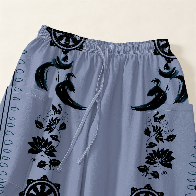 Buddha Stones Pantaloni harem da donna in cotone stile bohémien con motivo a righe Dharma Wheel Lotus OM e vita elasticizzata, con tasche laterali. - image 5