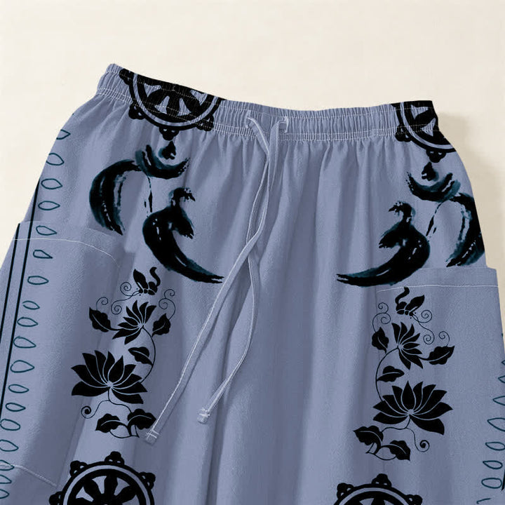 Buddha Stones Pantaloni harem da donna in cotone stile bohémien con motivo a righe Dharma Wheel Lotus OM e vita elasticizzata, con tasche laterali. - image 5