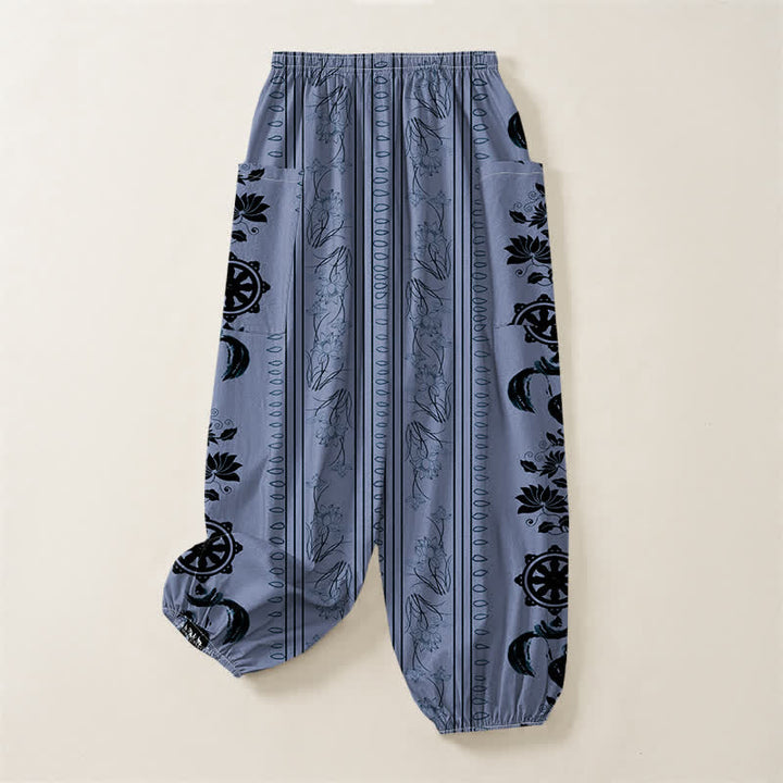 Buddha Stones Pantaloni harem da donna in cotone stile bohémien con motivo a righe Dharma Wheel Lotus OM e vita elasticizzata, con tasche laterali. - image 4