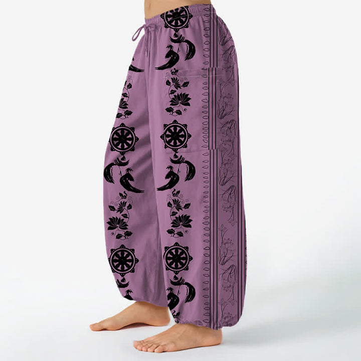 Buddha Stones Pantaloni harem da donna in cotone stile bohémien con motivo a righe Dharma Wheel Lotus OM e vita elasticizzata, con tasche laterali. - image 8