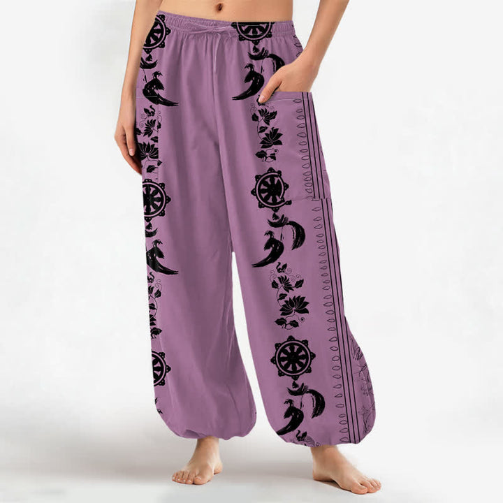 Buddha Stones Pantaloni harem da donna in cotone stile bohémien con motivo a righe Dharma Wheel Lotus OM e vita elasticizzata, con tasche laterali. - Prugna - US16, UK/AU20, EU48 (3XL) - image 7