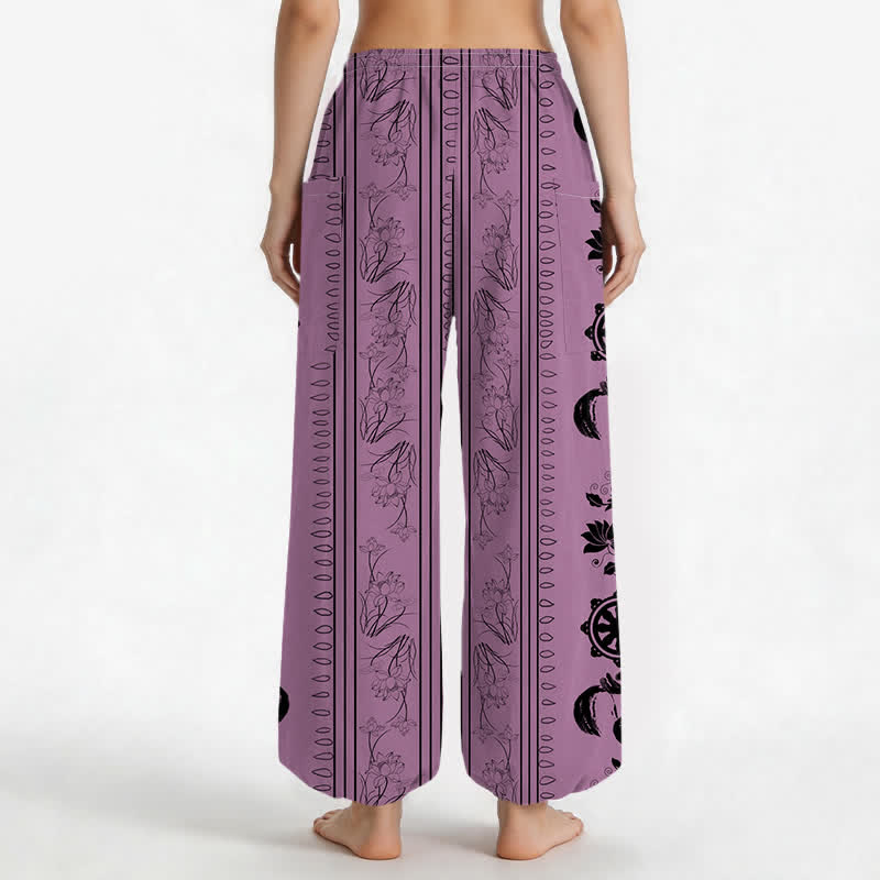 Buddha Stones Pantaloni harem da donna in cotone stile bohémien con motivo a righe Dharma Wheel Lotus OM e vita elasticizzata, con tasche laterali. - image 9