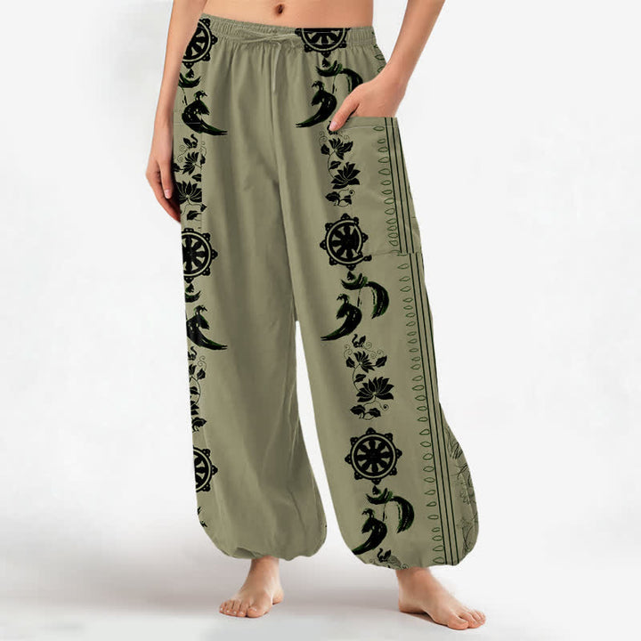 Buddha Stones Pantaloni harem da donna in cotone stile bohémien con motivo a righe Dharma Wheel Lotus OM e vita elasticizzata, con tasche laterali. - Verde oliva - US16, UK/AU20, EU48 (3XL) - image 10