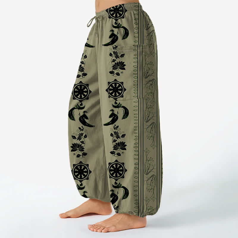 Buddha Stones Pantaloni harem da donna in cotone stile bohémien con motivo a righe Dharma Wheel Lotus OM e vita elasticizzata, con tasche laterali. - image 11