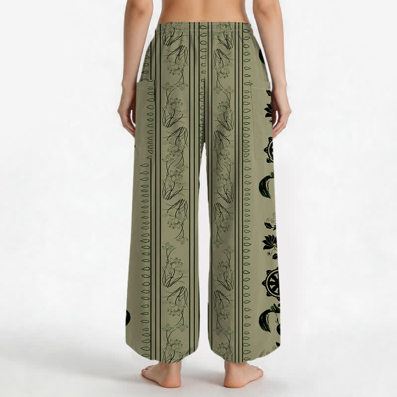 Buddha Stones Pantaloni harem da donna in cotone stile bohémien con motivo a righe Dharma Wheel Lotus OM e vita elasticizzata, con tasche laterali. - image 12