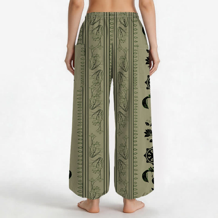 Buddha Stones Pantaloni harem da donna in cotone stile bohémien con motivo a righe Dharma Wheel Lotus OM e vita elasticizzata, con tasche laterali. - image 12